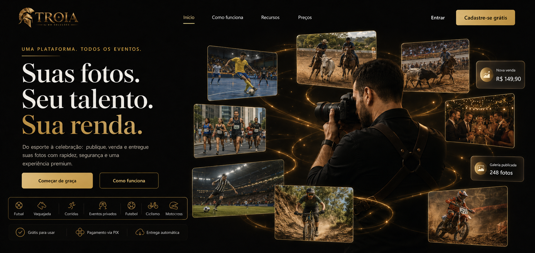 TROIA — Suas fotos. Seu talento. Sua renda. Uma plataforma para todos os eventos: futsal, vaquejada, corridas, eventos privados, futebol, ciclismo, motocross. Grátis para usar, pagamento via PIX, entrega automática.
